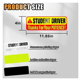 GLSOWEE 3PCS Student Driver Magnet for Car, 12"×4" Reflective 'Thanks for Your Patience' Auto Safety Sign for Rookies, Reusable Vehicle Exterior Sticker for Bumper, Window (Student Driver V1)