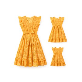PATPAT Mom and Daughter Matching Outfits Ruffle Flutter Short Sleeve Yellow Polka Dot Belted Midi Dress Matching Dresses for Mom and Girls Boho Casual Mommy and Me Dresses Toddler Girl 4t 5t