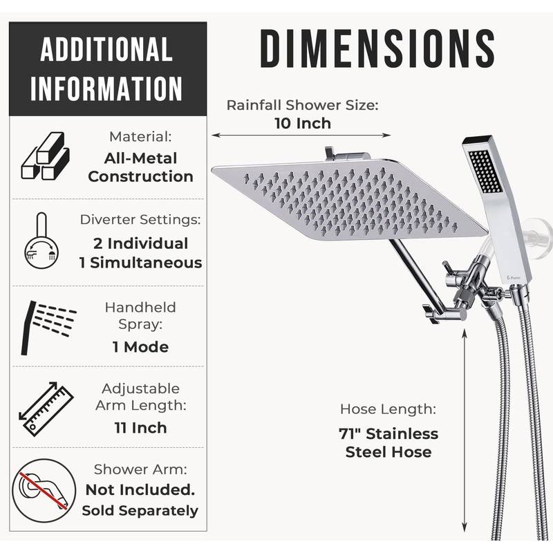 G-Promise All Metal 10" Dual Square Shower Head Combo |