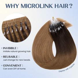 Hairro Microlink Hair Extensions Human Hair Micro Loop Bead In Hair Ombre Pre Bonded Cold Fusion Remy Loop Hair For Women 20 Inch 50g 50 Strands #2T6 Dark Brown to Light Brown