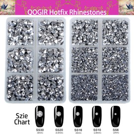 QOGIR 6300pcs Metallic Silver Hotfix Rhinestones for Crafts Clothes DIY with Tweezers and 2 Picking Pens Mixed Size Flatback Rhinestone