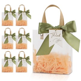 12 Pack Small Clear Plastic Gift Bags with Handles,5.12x2.76x5.91 Inch Party Favor Bags with Ribbons Raffia Paper Tags,Reusable Plastic Gift Wrap Bags for Wedding Birthday Baby Shower(Green)