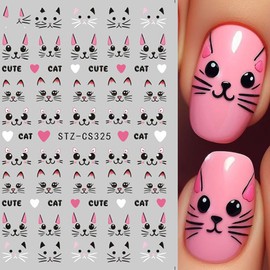 6 Sheets Cartoon Cute Cat Nail Stickers Black Simple Pen Line Pink Cat Cartoon Animal Pattern Nail Designs Kawaii Nail Decals 3D Self-Adhesive Cute Nail Supplies for Women Girls DIY Nail Art Decor