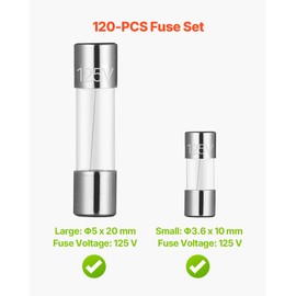 VEVOR Fast-Blow Glass Fuses Assortment Kit, 120 Pcs 125 Volt, 5 x 20 mm 1A 2A 3A 4A 5A 8A 10A, 3.6 x 10 mm 2.5A 3A 5A Tube Fuses, Suitable for Electrical Boxes, LED Strips, Electronics, Appliances