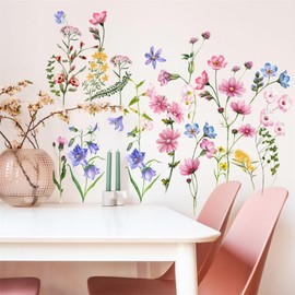 Flower Wall Decals Vinyl Colorful Vines Wall Stickers Peel and Stick Green Plants Leaves Wall Decor Removable Floral Wall Murals for Nursery Girls Bedroom Living Room Kitchen Classroom