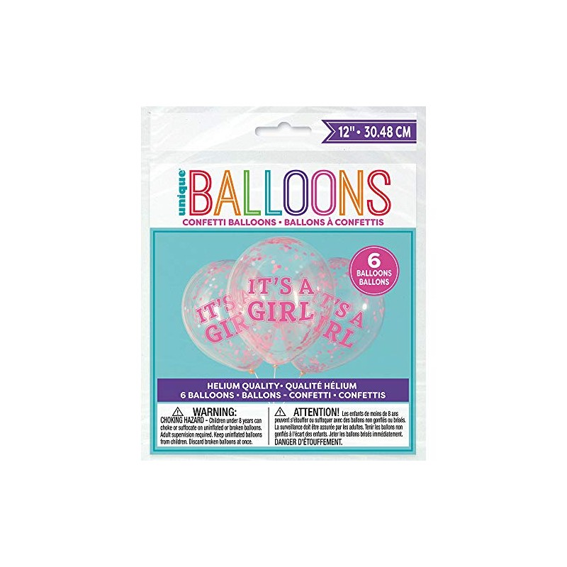 It's A Girl' Clear Latex Balloons WIth Pre-Filled Pink Confetti,