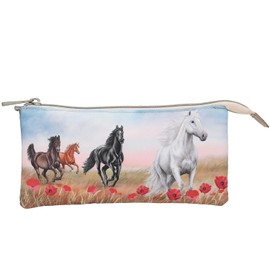 Depesche 13342 Miss Melody Poppy Sand Pencil Case in Beige with Horse Motif and Poppies Pencil Case with 3 Inner Compartments