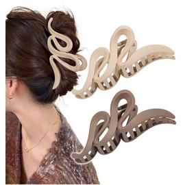 Herbeluemily Hair Claw Hair Claw, Hair Clip, Hair Clip, Large Size, Adult, Wavy, 5.1 inches (13 cm), Set of 2, Milk Tea + Light Brown