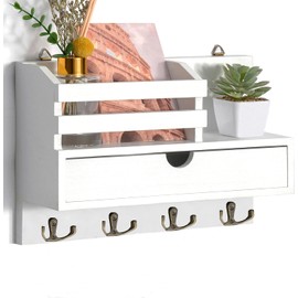 Irayin Wooden Key Holder with Shelf, Wooden Key Holder with 4 Double Key Hooks and Storage Drawer, Wall Key Board for Entrance Area, Hallway, Living Room, Office - White