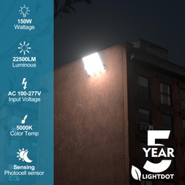 Lightdot 2Pack 150W LED Wall Pack Lights, 100-277v Dusk to Dawn Photocell, 22500Lm(150Lm/W) 5000K IP65 Wall Mount Outdoor Exterior Lighting,White ETL | 5-Year Warranty(Height:10~20ft)