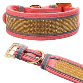 LOVPE Dog Collar,Soft Suede Leather Sparkling Crystal Diamond Adjustable Gold Rhinestone Big Dogs Collar for Medium Large Dogs (L, Pink)