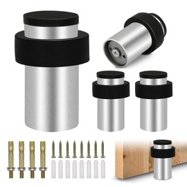 Floor Mounted Door Stopper, Stainless Steel Chrome Door Stops Wall Rubber Door Stoppers Heavy Duty Tall Modern Cylinder Decorative Doorstop Polished Floor Door Stop for Skirtings 4 Pack, Silver