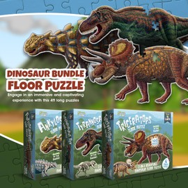Tyrannosaurus Rex, Triceratoprs and Ankylosaurus Dinosaur Puzzle Bundle | 100-Piece Each with Glow-in-The-Dark Skeleton On Other Side | 4 FT Scientifically Accurate Dino Illustration