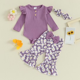 fhutpw Newborn Baby Girl Clothes Rib Frill Long Sleeve Romper Daisy Flared Pants Headband Set 3pcs Fall Winter Outfits (Daisy- Purple, 0-3 Months)