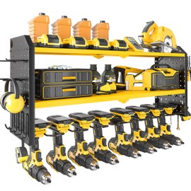KAFAHOM Power Tool Organizer，Large 8 Drill Holder Wall Mount ，Heavy Duty Metal Tool Shelf with 12 Hooks Storage Rack for Garage Organization，Utility Cordless Drill Holder and Battery Shelves