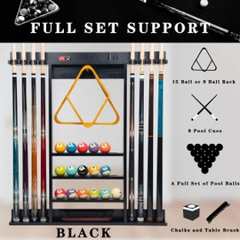 Billmart Pool Stick Holder Wall Mount, 8 Cues Solid Wood Billiard Pool Cue Rack, Pool Table Accessories (Black)