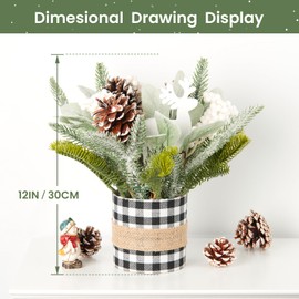 Small Table Top Christmas Tree with Lights, Mini Christmas Tree Decorations with Reindeer Pine Cones Berries Lamb Leaves Ornaments for Home Party Office Indoor Decorations 12Inch, Black & White Plaid