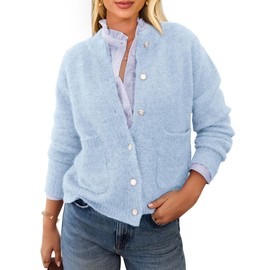 PRETTYGARDEN Women's Knit Cardigan Sweaters Casual Long Sleeve Open Front Button Up Ribbed Fall Spring Sweater Jackets (Light Blue,Large)