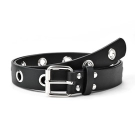 CRAFTMEMORE Punk Rock Grommet Belt, Black PU Leather, 41 inches, Metal Eyelets, Detachable Chain SPB2 (Single Row Grommets)