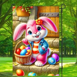 BlissYard Easter Garden Flag 12x18 inch Double Sided Cute Bunny Garden Flags Eggs Yard Flag Easter Decoration for Outside Decor Yard Porch Outdoor Banner Summer Spring Decorations