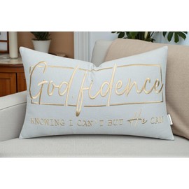 MANOJAVAYA Lumbar Pillow Cover 12x20 Inch – Blue Grey Cotton Hand Embroidered Christian Inspirational Faith Gift – Godfidence