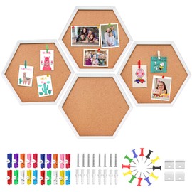 EVNEED 4 Pack Cork Bulletin Board Hexagon, Small Framed Corkboard Tiles for Wall, Thick Decorative Display Boards for Home School Office Decor, Hex Cork Board with 16 Push Pin Wood Clips,White