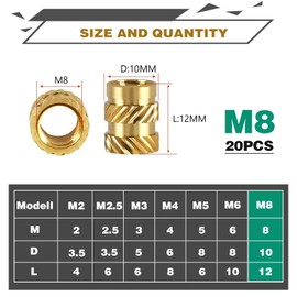 Threaded Insert, Press-in Nuts, Brass Embedding Nuts, Knurled Nuts, Threaded Inserts for Plastic Parts by Heat or Ultrasonic in 3D Printer Parts (M8 x 12 x 10 mm - 20 Pieces)