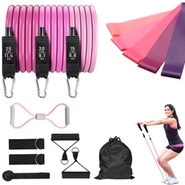 WDAY Juego de 15 Piezas de Bandas de Resistencia para Entrenamiento en Casa o Gimnasio, Incluye Bandas Elásticas con Asas, Tobillos, Anclaje para Puerta y Bolsa de Transporte (Rosa)