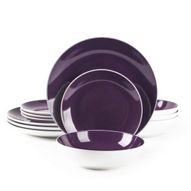 HomeVss, Stoneware Coupe Shape 12pc Dinnerware Set, Outside White + Inside Violet