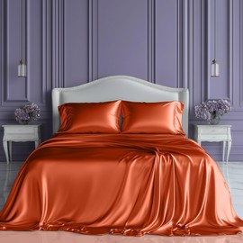 SLEEP SANCTUARY Satin Sheets Queen Size – 4 Piece Luxury Silky Bed Set, Softer Than Silk, 15" Deep Pocket, Cooling & Wrinkle-Free, Moisture-Wicking & Breathable for Hair & Skin (Burnt Orange)