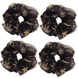 4 Pcs Shiny Black or Grey Mesh Fabric Snowflake Hair Scrunchies Bronzing Hair Bobbles Elastics Ponytail Holders Hair Wrist Ties Bands Scrunchies for Show Gym Dance Party Cosplay for Girl (Black)
