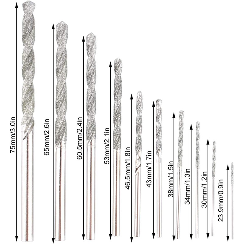Diamond Twist Drill Bit Set, 10 Pieces, 0.8-4.0mm, High Speed