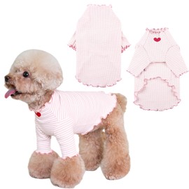 Yaopelky Dog Shirt for Small Medium Dogs, Striped Heart Embroidery T Shirt Stretchy Ruffle Dog Clothes for Chihuahua Schnauzer Yorkie Shih Tzu (White, S)