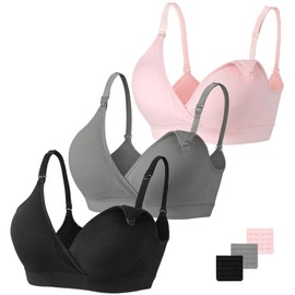 Vinfact Nursing Bra 3 Pack Seamless V Neck Maternity Bra Women Pregnancy Breastfeeding Bra-Black/Grey/Elegant Pink-L