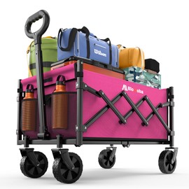 Collapsible Wagon with Wheels, 220 lbs Wagons Carts Foldable Wagon Cart with Flexible Handle, Lightweight Portable Folding Utility Grocery Shopping Cart for Grocery Sports Garden Camping, Pink