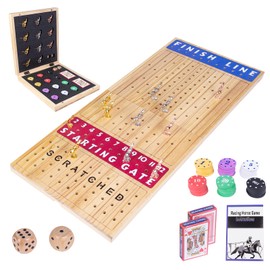 Extra Large 28 inches Foldable Horse Race Board Game for Adults,Thickened Wood Chessboard,Includes 11 Luxurious Metal Horses, 60 Chips,2 Dice,2 Boxes of Cards,Classic Wooden Table Top Board Games