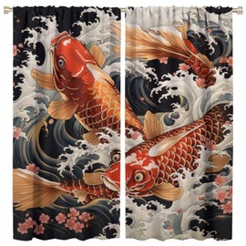LITINGZHILONG Japanese Koi Fish Curtain, Petal Wave Asian Carp Art Japanese Style Curtain Rod Pocket Curtain, Living Room, Bedroom, Kitchen, Home Decor 2 Panels Drapes 42x45in