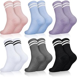 6 PCS Pilates Socks Yoga Socks with Grips for Women Non Slip Athletic Crew Socks for Ballet Dance Workout Fitness Running Pregnant Elder