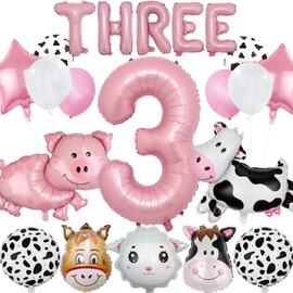 21 PCS Farm Animal Theme Party Balloons, Farm Cow Print Sheep Pig Donkey Mylar Foil Balloons Baby Shower Boy Girl 3rd Birthday Party Decor Supplies (3rd)