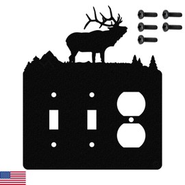 Solitary Elk Double Toggle Light Switch & Single Duplex Wall Plate (Double Toggle with Power, Black)