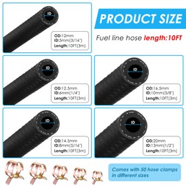 Fuel Line Hose Kit 10ft 5 Pieces with 50 Clamps, 3/8" 5/16" 1/4" 1/2" 3/16" ID, High Performance 300PSI, Push Lock Reinforced Rubber NBR Automotive Fuel Line for Tractors, Small Engines, Lawn Mowers
