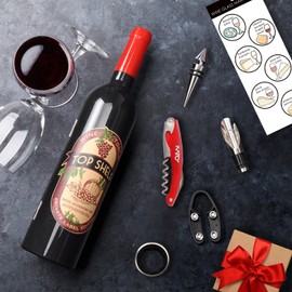 Wine Bottle Accessories Gift Set - Wine Opener Kit Corkscrew Screwpull, Stopper, Aerator Pourer, Foil Cutter, Drip Ring with Drink Stickers by Kato, Great Christmas Gifts, Red