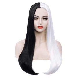 PATTNIUM Long Black and White Wig for Women Half Black and Half White Long Wigs Two Tone Wig Split Wig Middle Part Wig (Black and White)