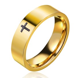 Cross Rings for Men, 18K Gold Plated Mens Rings Stainless Steel Silver Lord Prayer Jesus Christian Black Pinky Ring, Ring Size 5 to 13 (Gold, 10)