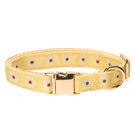 Adjustable Jacquard Webbing in Yellow Daisy Pattern Dog Collar with Soft Natural Cotton Padding and Gold Metal Buckle - Cute and Durable for Small Canines