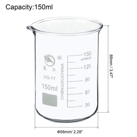 PATIKIL 150ml Low Form Glass Beaker, 3.3 Borosilicate Glass Graduated Printed Scale Measuring Cups with Spout for Kitchen Lab Liquids Transit Boiling