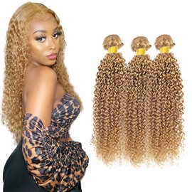 AuokMar 27 Kinky Curly Bundle Human Hair Honey Blonde Bundles Mixed Length 3 Bundles 20 22 24 Inch Double Weft Soft Real Blonde Curly Hair Extensions