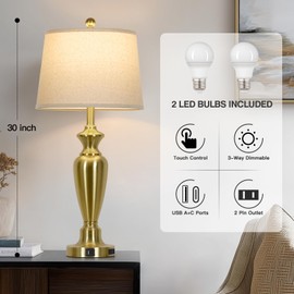 Cinyirong 30" Tall Gold Table Lamps Set of 2, Touch Control Bedside Lamp with USB A+C Ports and AC Outlet, 3-Way Dimmable Modern Metal Nightstand Lamp for Bedroom Living Room, 2 LED Bulbs Included