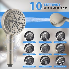 All Metal Shower Head, 8" High Pressure Rainfall/Handheld Shower Combo with 11" Extension Arm, 10-Spray Handheld Showerhead, 71" Long Hose, 3-Way Diverter Valve, Brushed Nickel