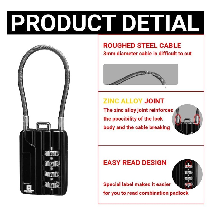 RESET-200 (1 Pack) 4 Digit Combination Lock and Padlock with